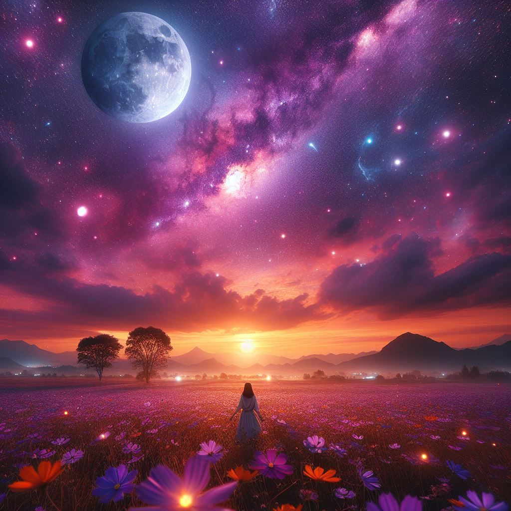 A girl standing on flowers Field