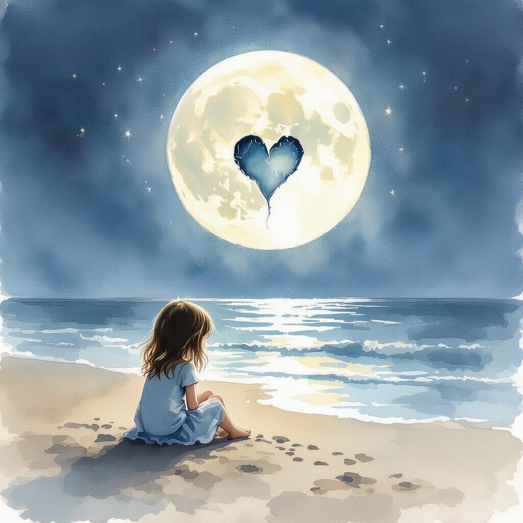 Sad Girl Watches Moonlit Beach with Broken Heart