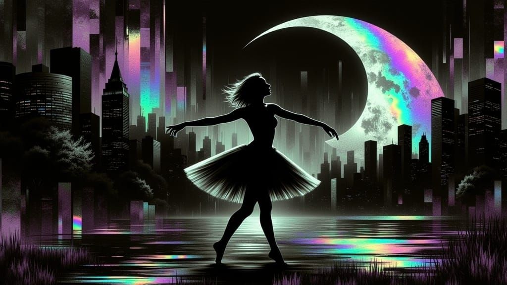 glitch art,purple palette, muted tones,<lora:GlitchFoilFlux:1.0>a ballet dancer dancing in the park,green glitch art print style rough pat...