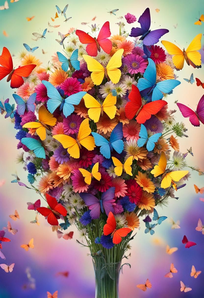 A floral looking bouquet made out of multicolored butterflie...