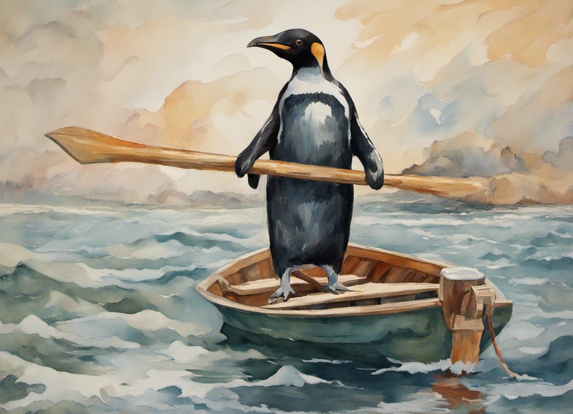 penguin with a beard, eyepach, and sword on a rowboat with a heroic ...