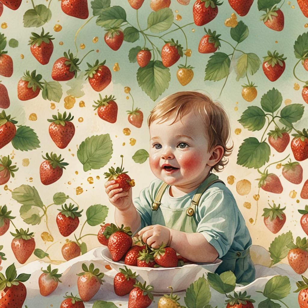 Baby's Joy: Strawberry Delight in Watercolor Style