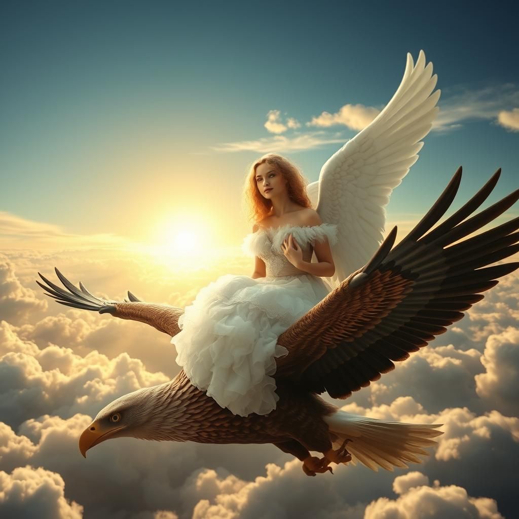 angel flies on an eagle in the clouds