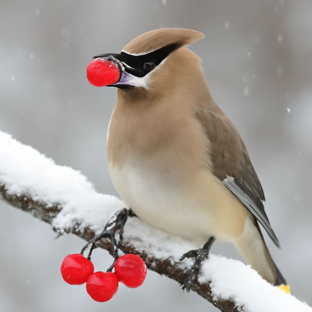 realistic cedarwing red berries in its mouth on a snow covered branch