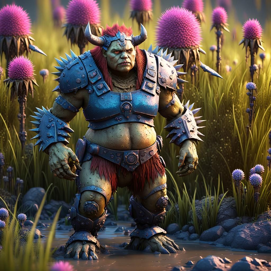 fat humanoid female wereplant barbarian, overgrown mud swamp...