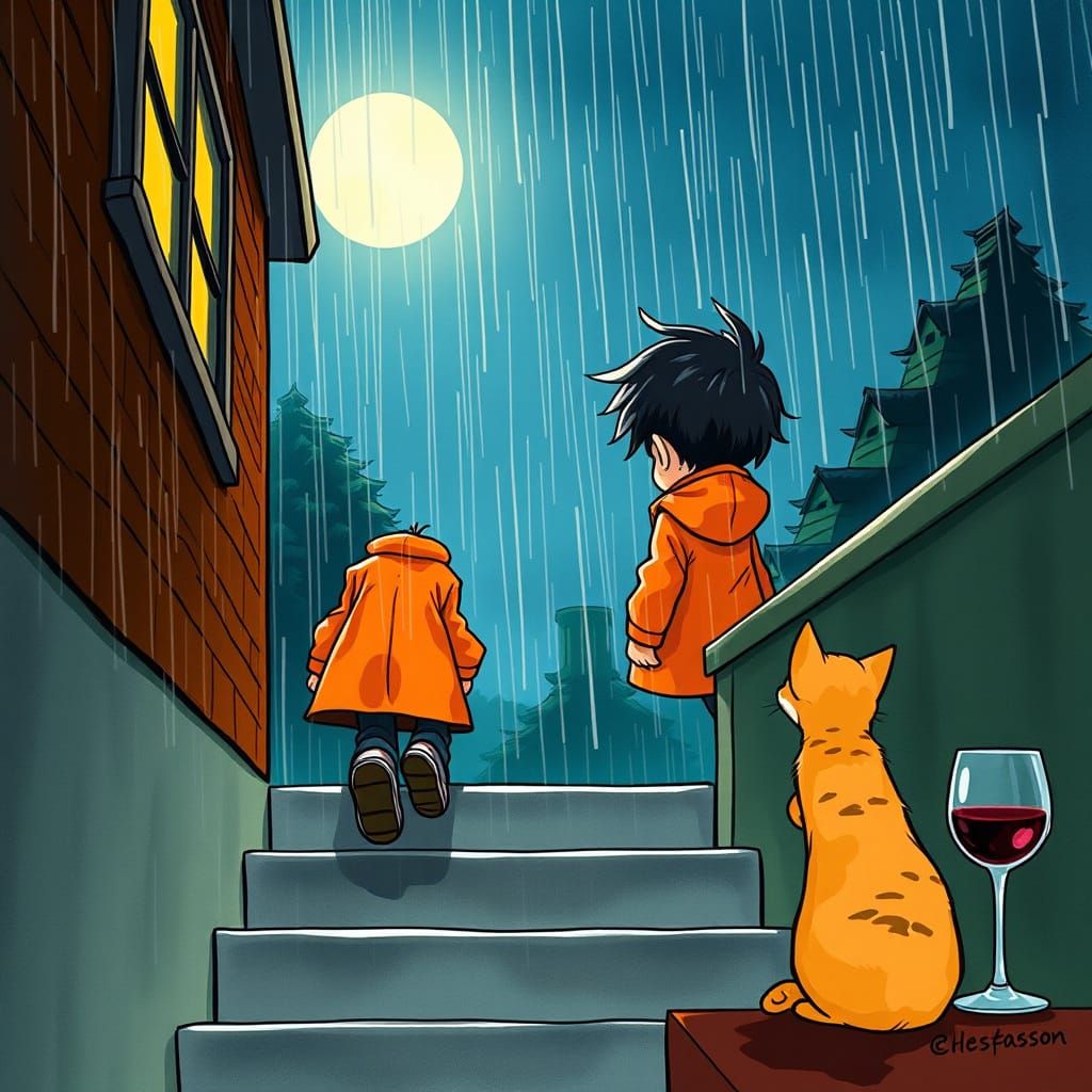 Serene Cartoon Boy Walks Down Stairs in the Rain, Whimsical ...