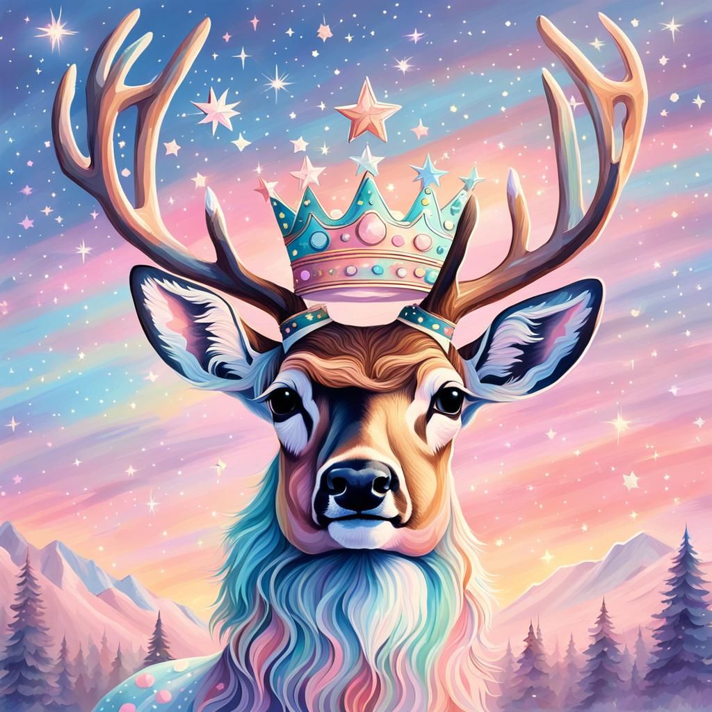 Pastel Deer with Star Crown Flies in Pastel Sky