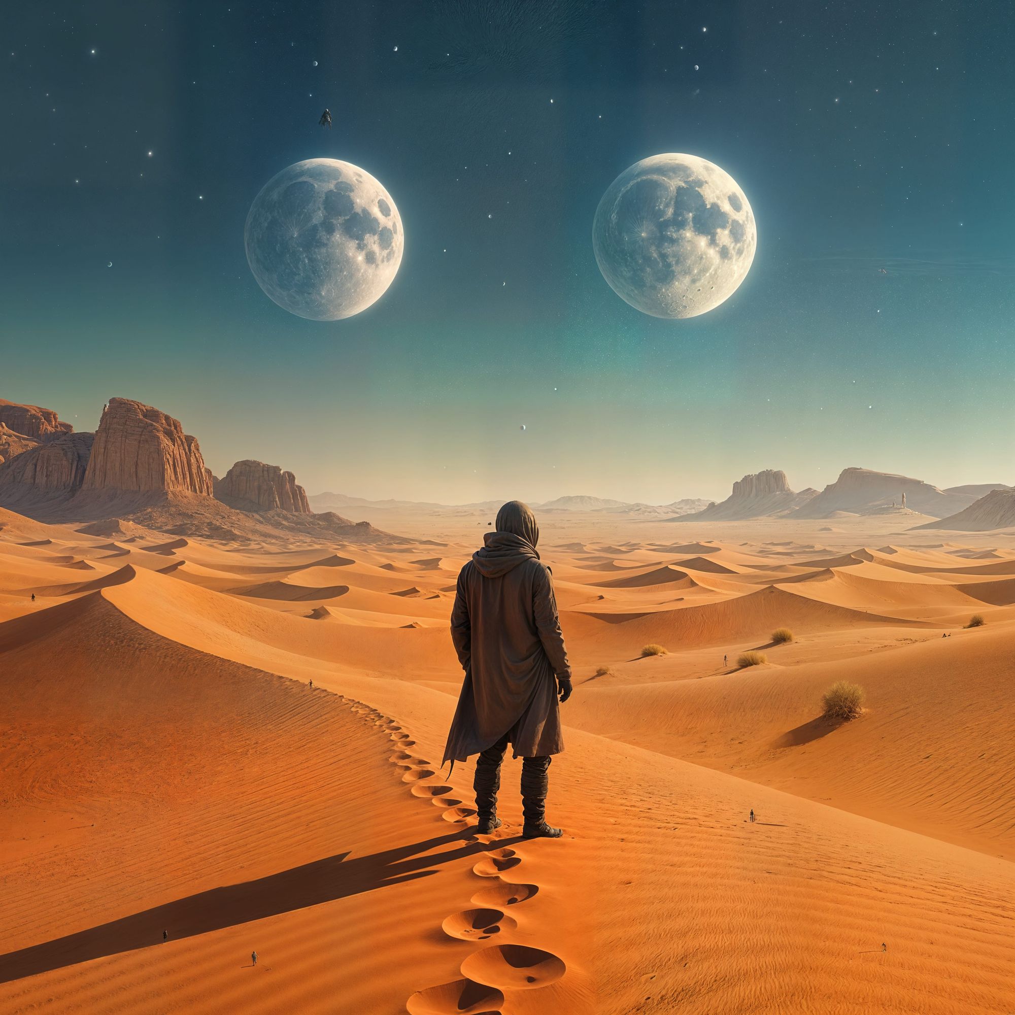 A lone figure stands on a vast desert planet under sky, the sand sculpted by alien winds. The air shimmers with heat. This scene ...
