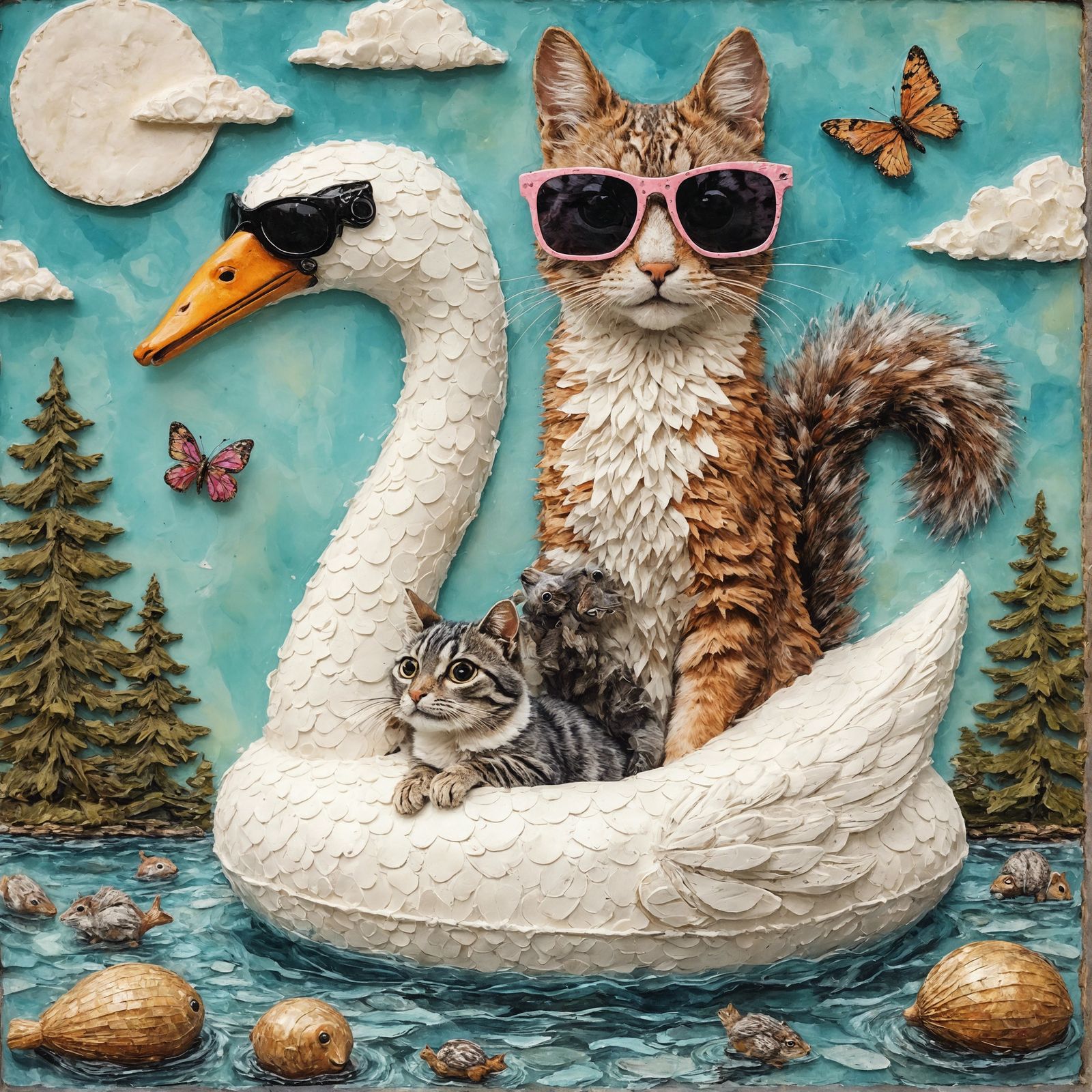 whimsical encaustic mixed media collage woolen cat in sunglasses and squirrel in swan floatie floating downriver