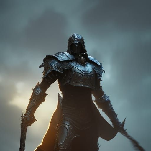 full body view of a spirit standing behind a knight, 8k, rea...