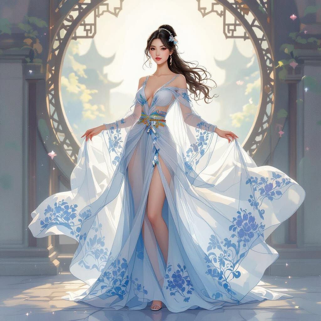 Ethereal Asian Woman in Transparent Gown