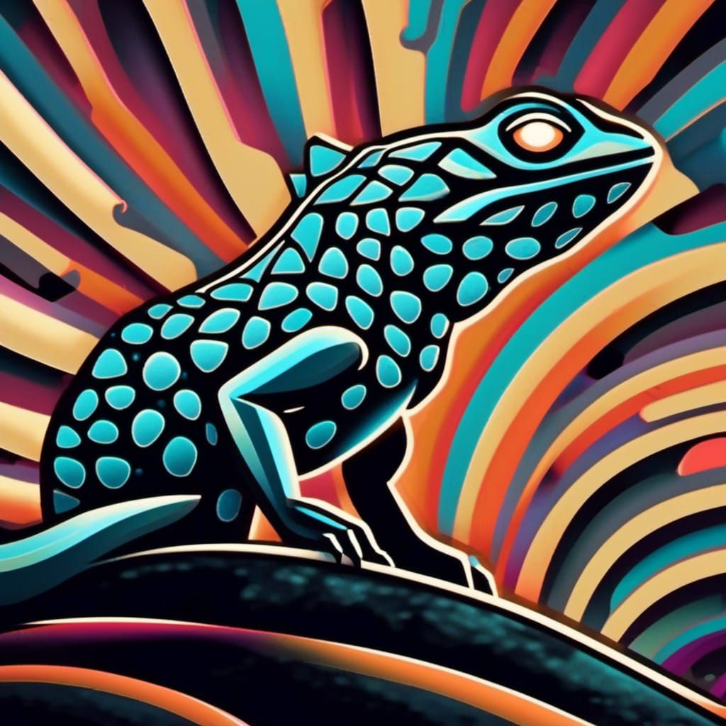 <lora:Smooth Minimal:1.0> A Grumpy lizard sitting on a rock, stylized silhouette sleek iridescent lines smooth curves minimalism,  simple bl...