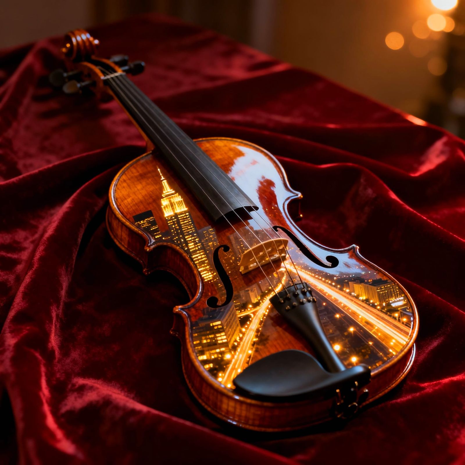 Violin Transforms Into Illuminated Cityscape