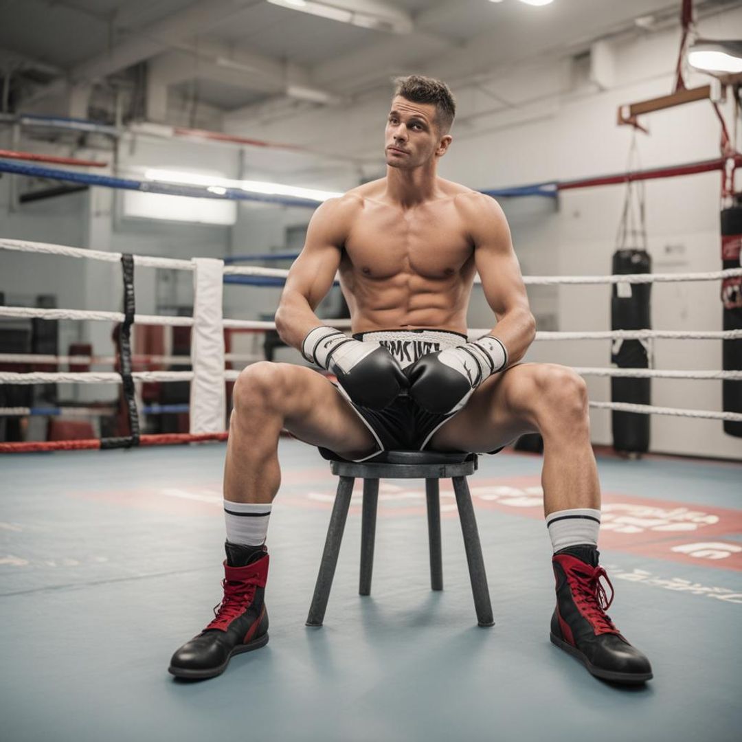 Male boxer wearing shorts and gloves seating in boxing ring legs akimbo ...