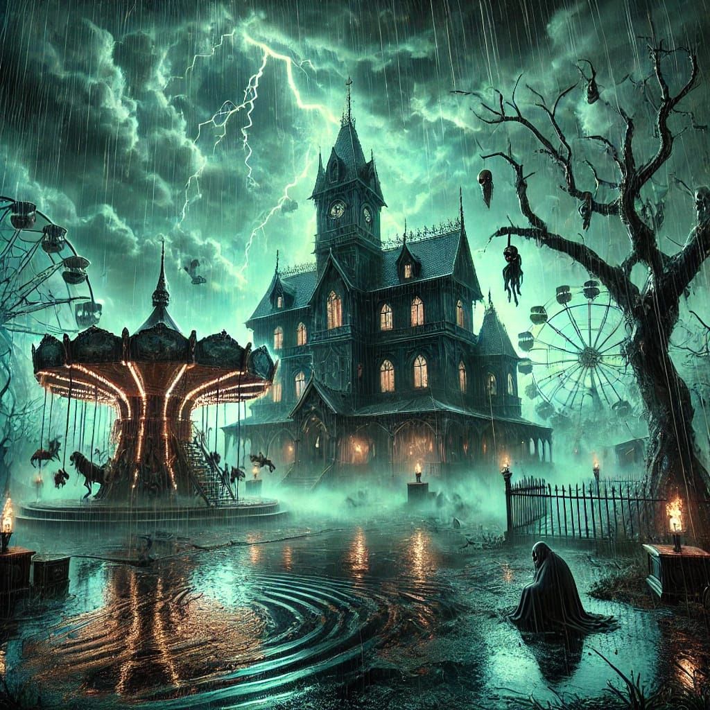A gothic carnival at the witch's manor, blending eerie charm with necromantic magic. The scene features shadowy rides, g...