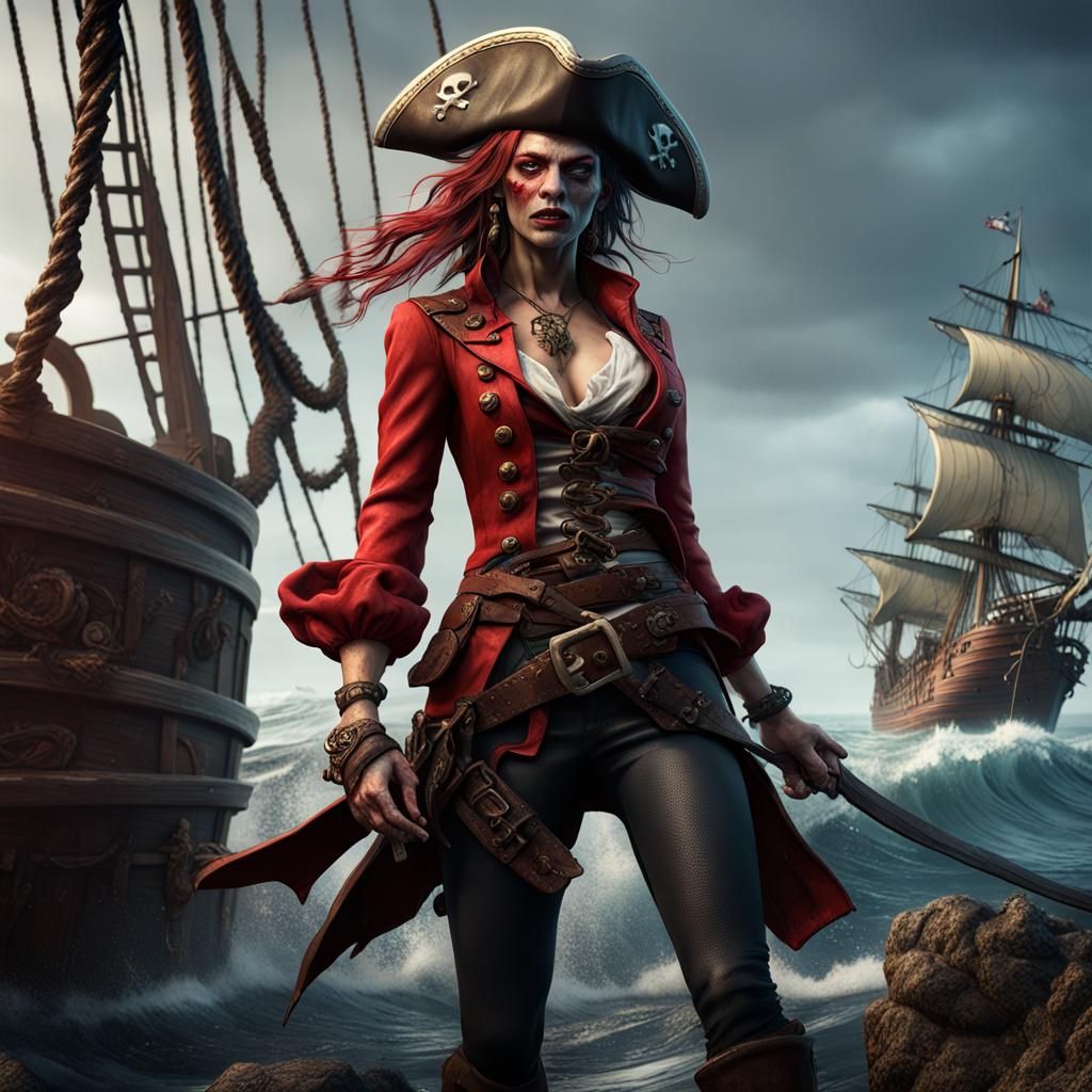 female Pirate Zombie, Rocco-Red Jacket, Windy sea, Kraken, Action pose ...