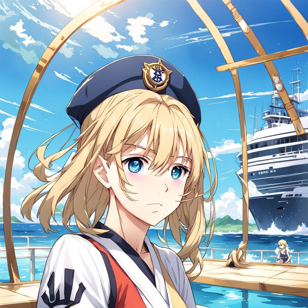 a girl with blonde hair, a sailors cap, swimmers and blue ey...