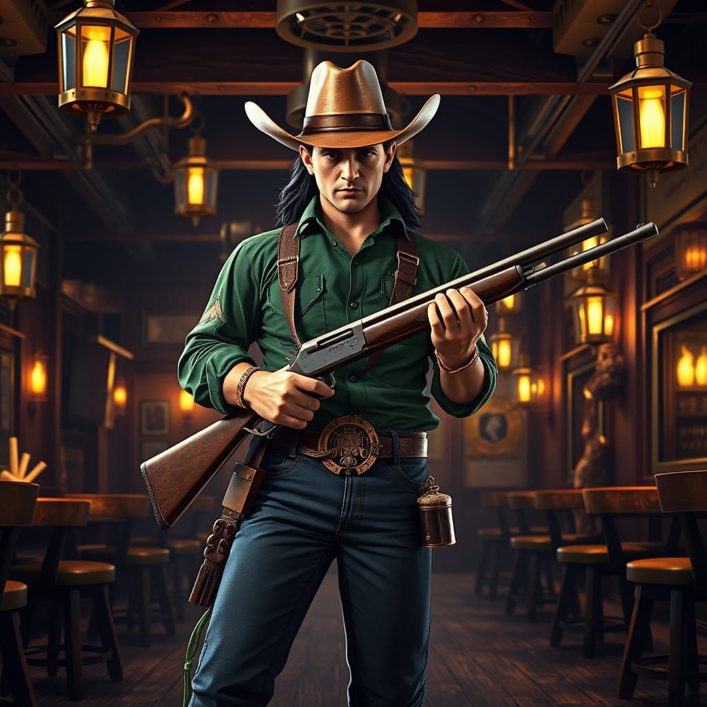 geometric gothic, rugged,  cowboy,, metalic and coffee inks,  with  dark  hair,  ,  wild west jeans, button down shirt, red and black color,... - Start Image 2