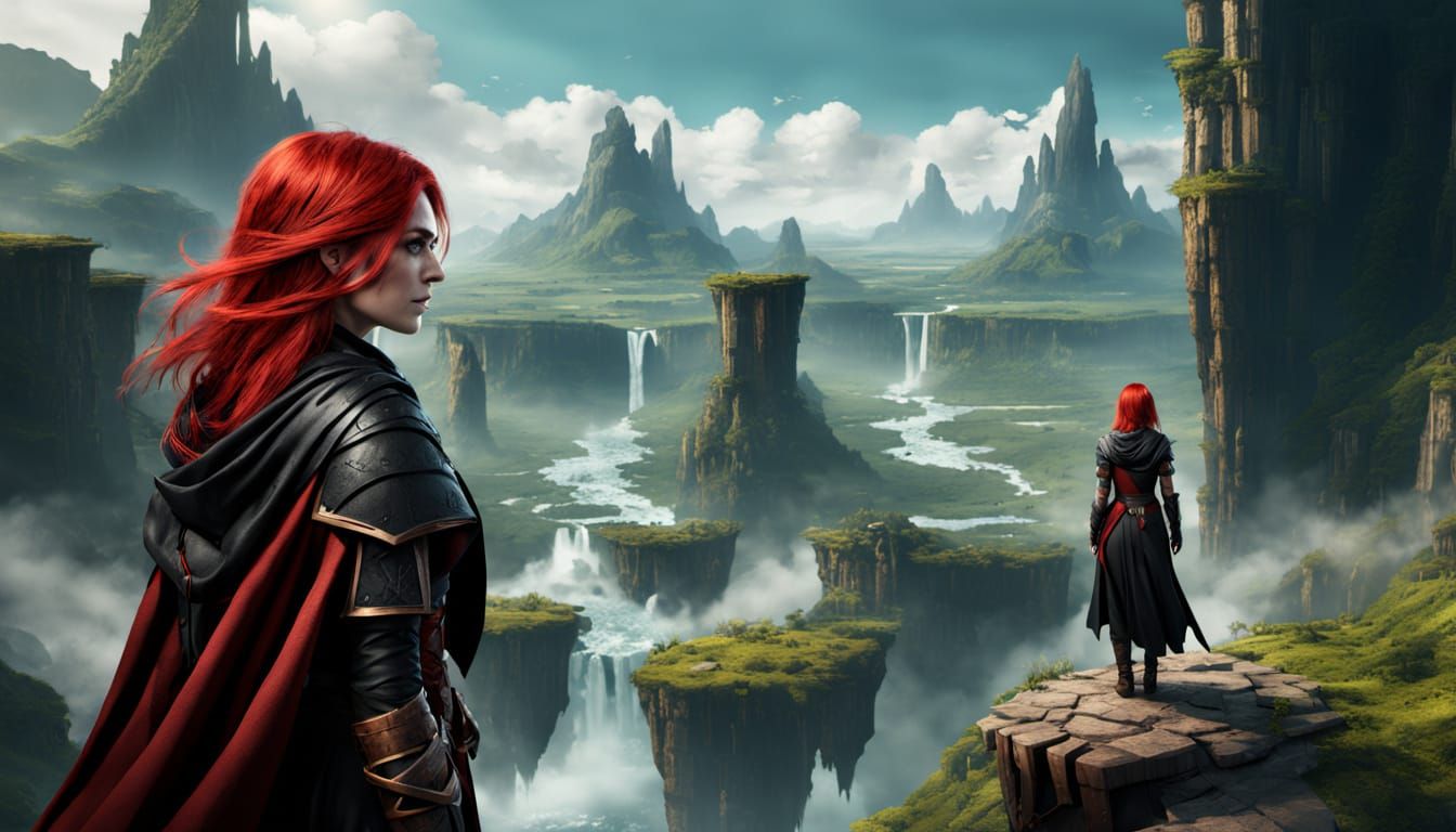  female adventurer with red hair cut behind her shoulders, emerald eyes, dressed in red-and-black leather adventuring clothes and cloak, sta...