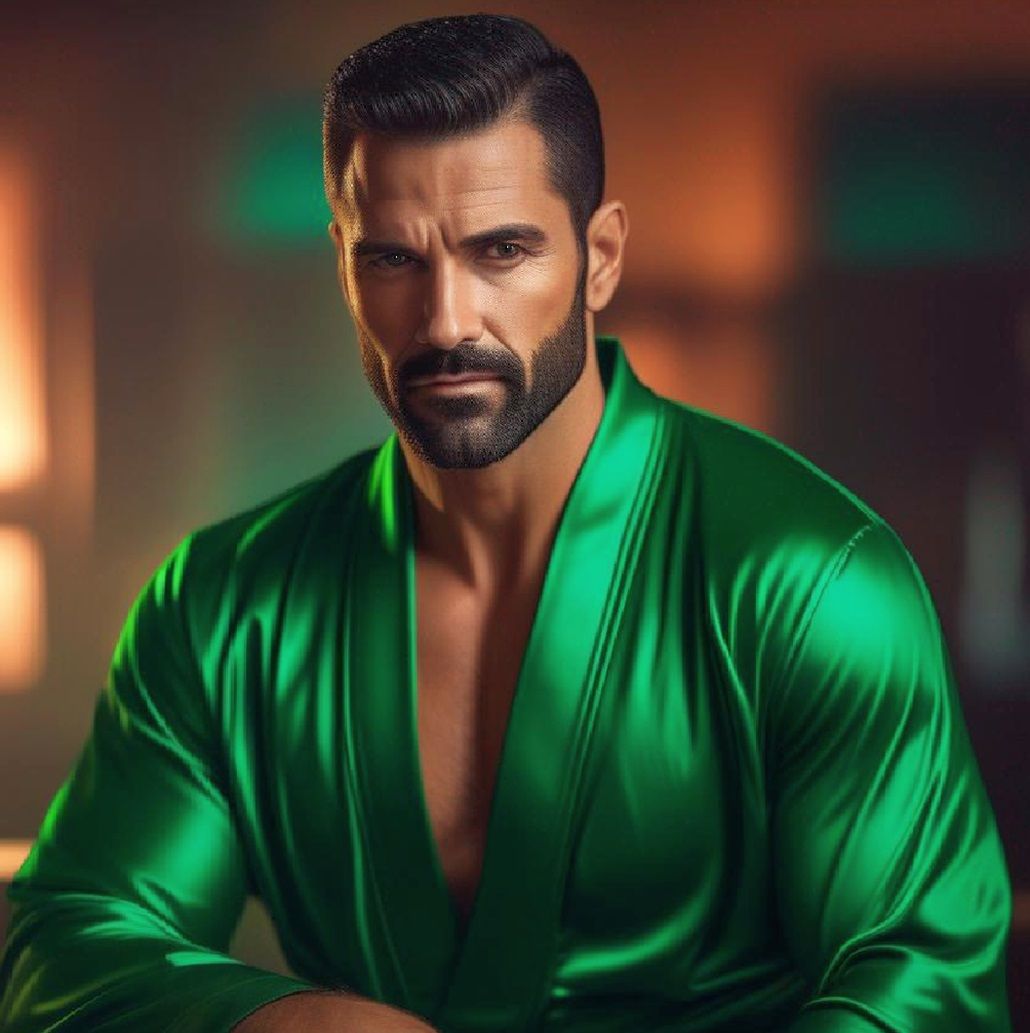 A handsome man with   black  hair and beard wearing a     gr...