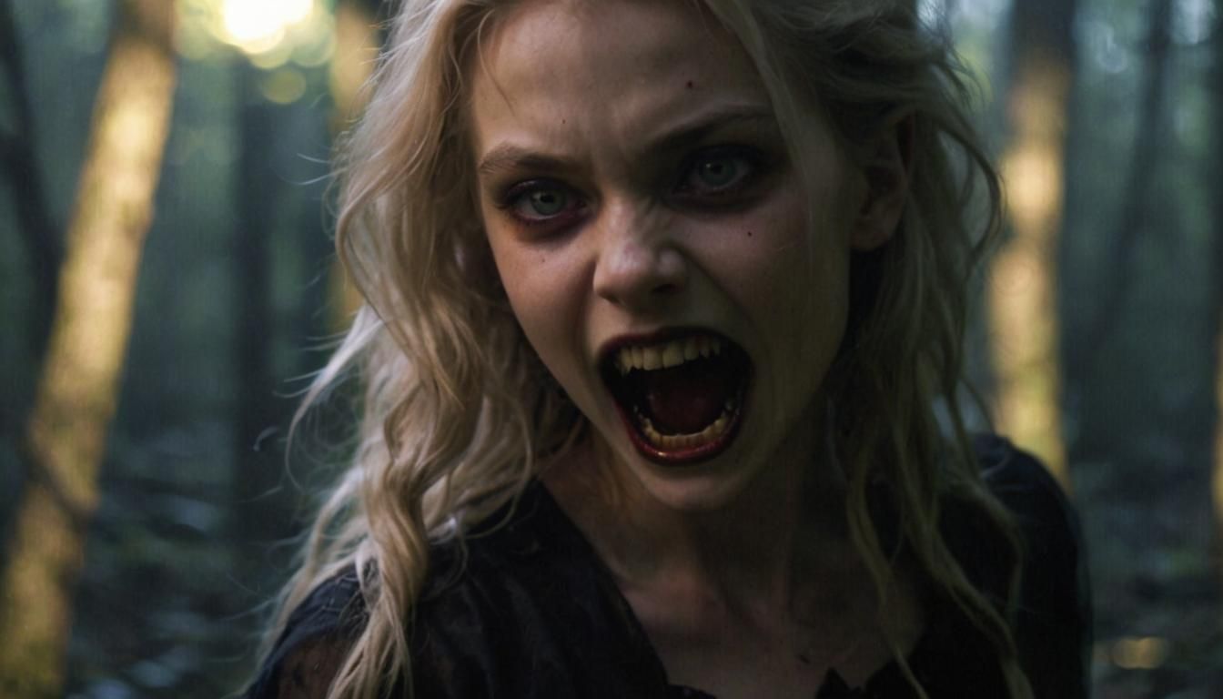 11-year-old blonde hair vampire girl snarling with pointed t...
