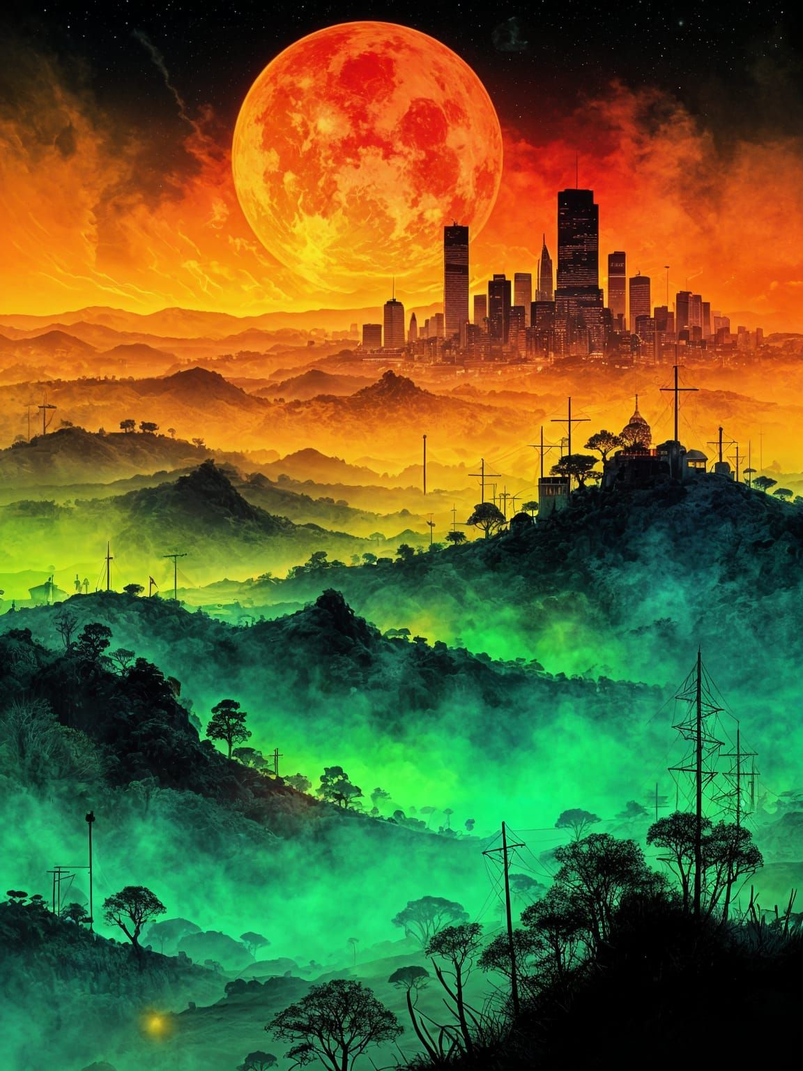 A futuristic metropolis glows under a colossal neon orange moon, immersed in radiant green mist that pulses with energy.  by @Narwhal 