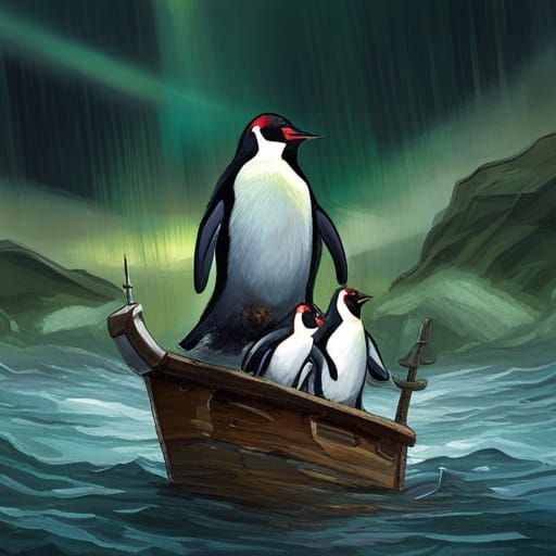 Penguins wearing an eye-patch on a pirate ship in green rain