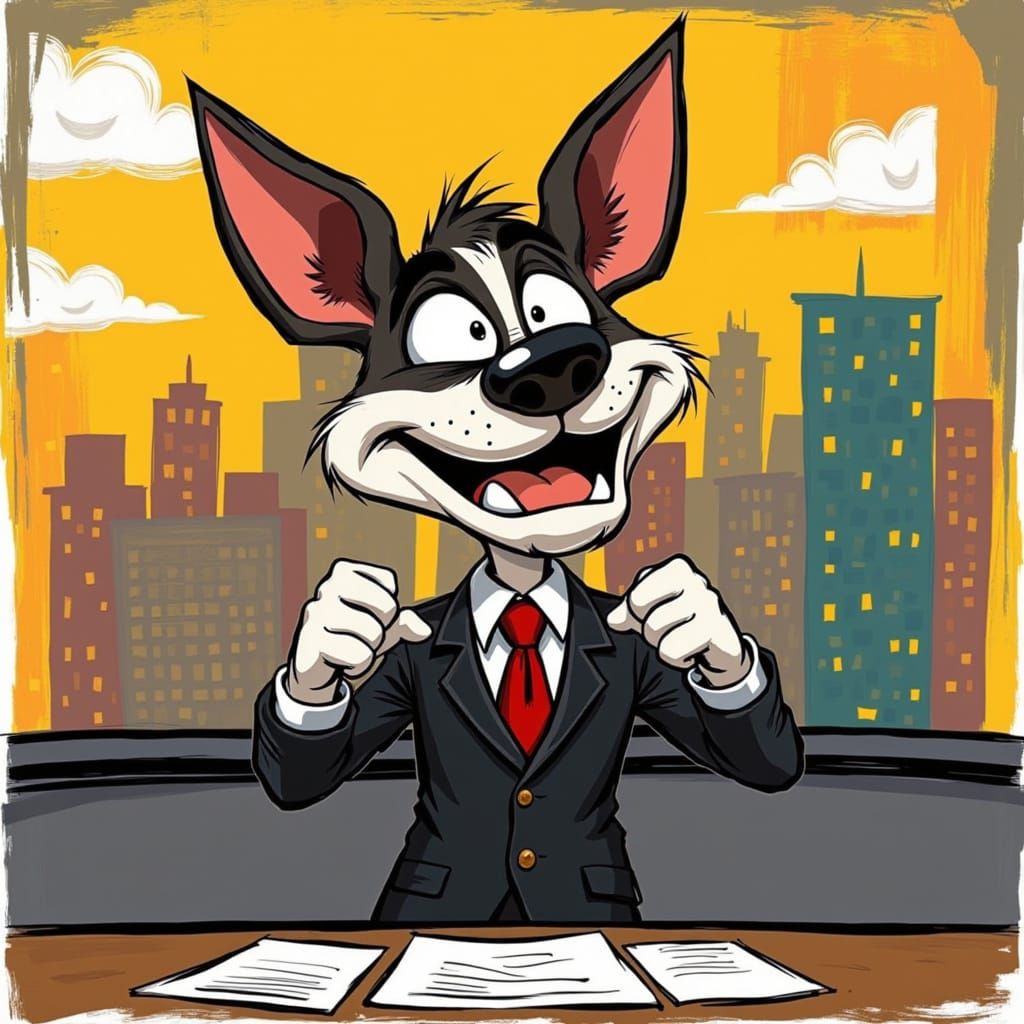 Whimsical Anthropomorphic News Reporter Dog, with wild eyes and frantic expression, posed in a dynamic, exaggerated manner, set against a vi...