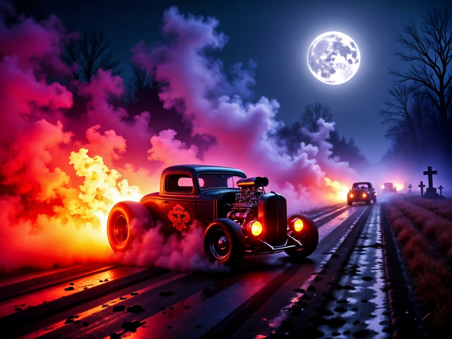 ghostly drag race at midnight, spectral RAT ROD burning through fog at us, glowing engine blocks, haunted chrome, tires leaving trails of fi...