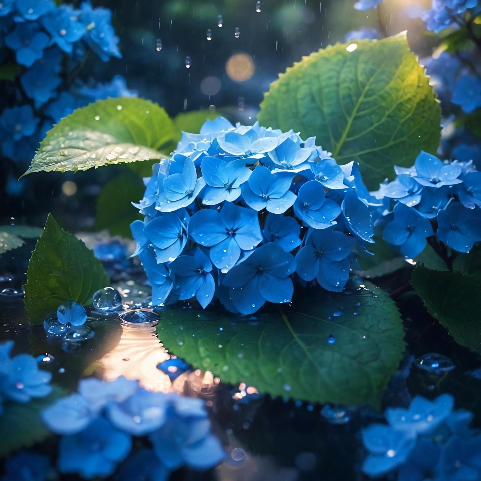 Blue Hydrangeas Under the Rain