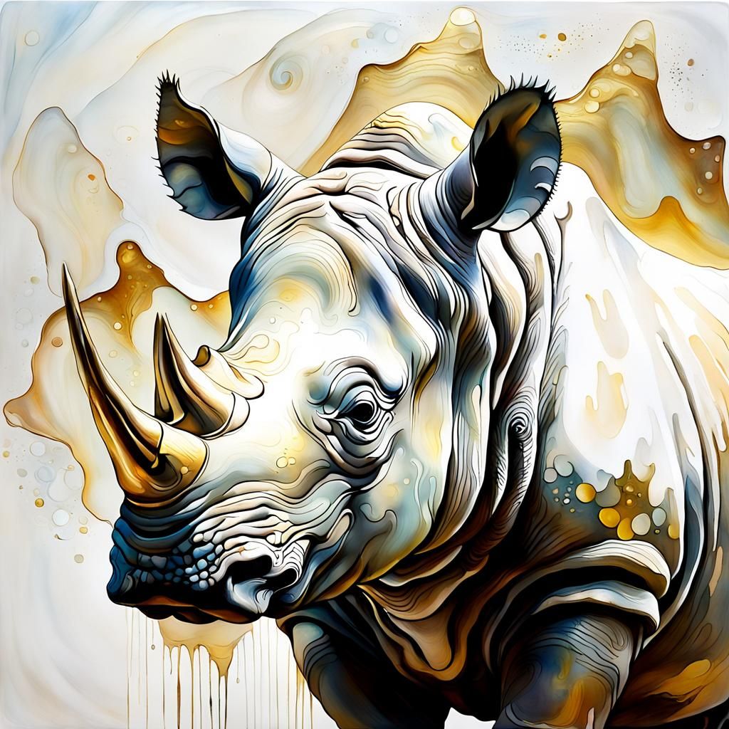A painting of a rhinoceros made out of white and yellow fluid mother-of-pearl. Muted background. The rhinoceros appears to be facing the lef...