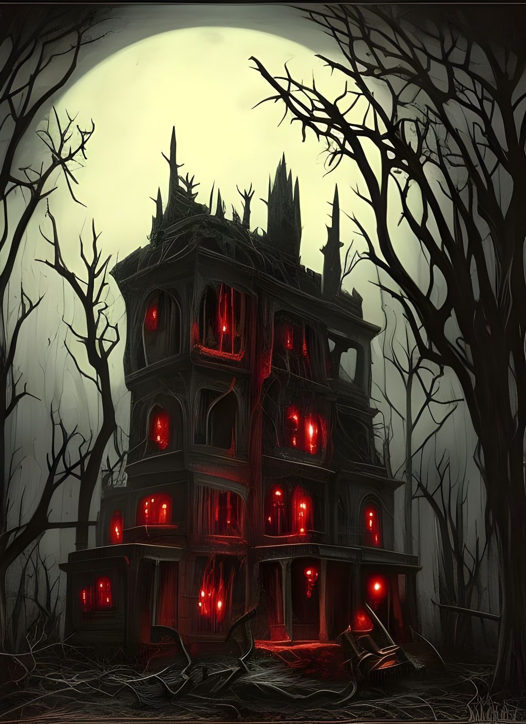 "Creepy haunting house, skeletons, dripping crimson blood: b...