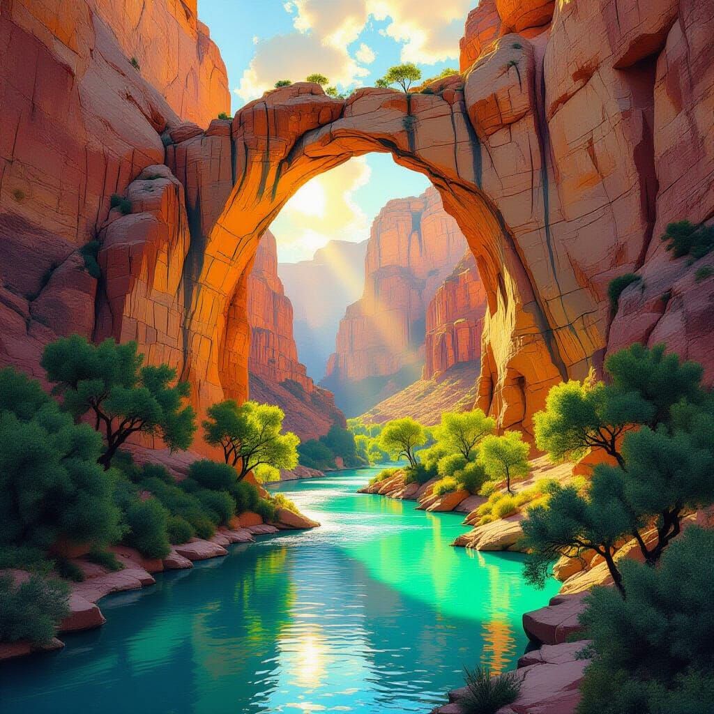 Majestic Canyon Sanctuary in Oil and Pastel Style