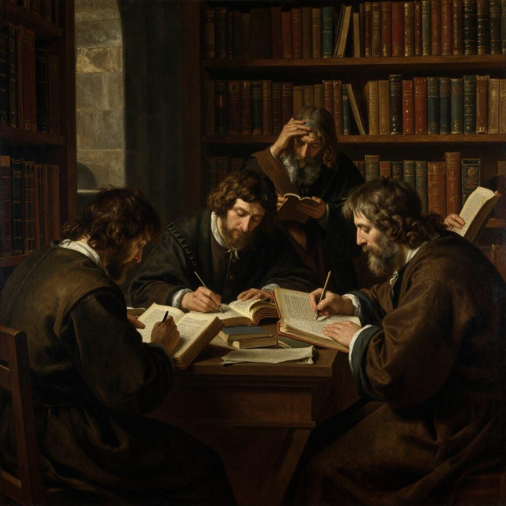 Oil Paint. Medieval library, scholars writing or reading ancient tomes. Subdued lighting. Quiet atmosphere. ...  by @Rhonda Trout