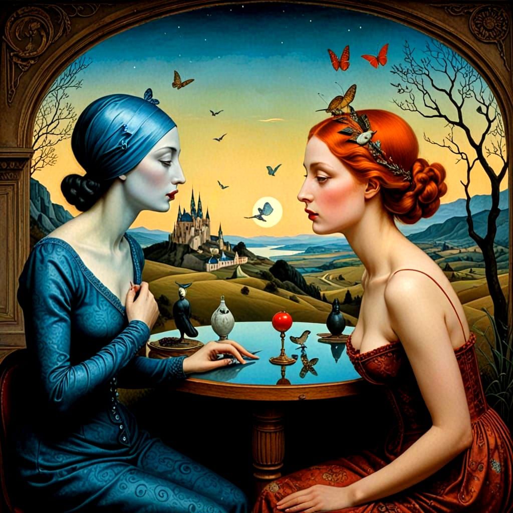 Elegant Ladies in a Vibrant Surreal Landscape