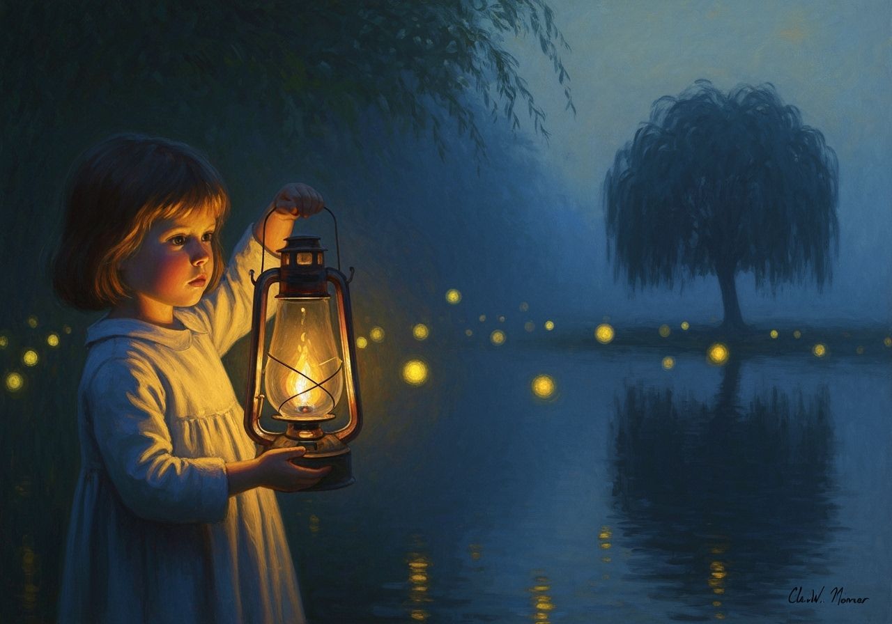 The Lantern Glow: A child holds a flickering lantern in the twilight, its warm light casting golden highlights ...  by @Kindly Offer