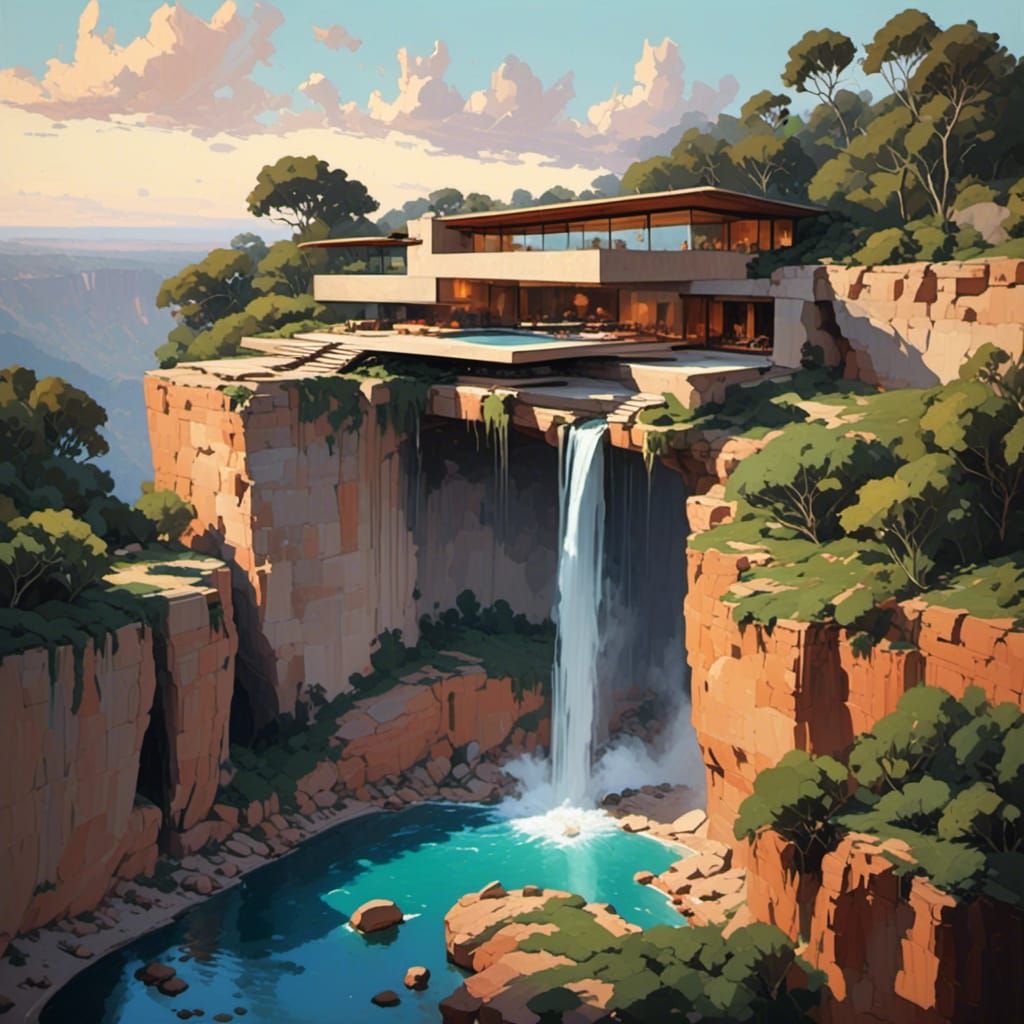 A stunning scene of an incredible impossible architecturally designed cliffside house on the edge of a beautiful watering hole with a small...