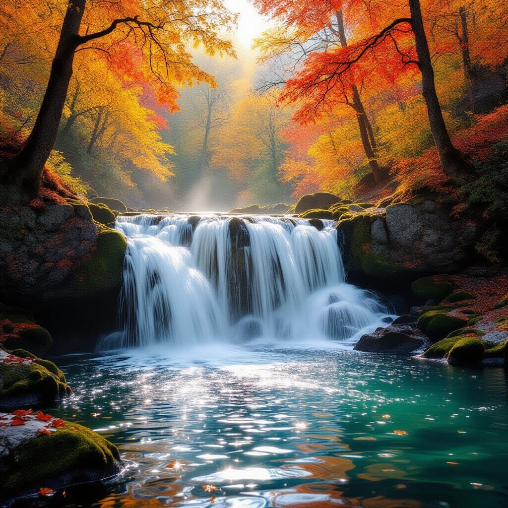 Magical Autumn Waterfall in Forest with Dynamic Lighting