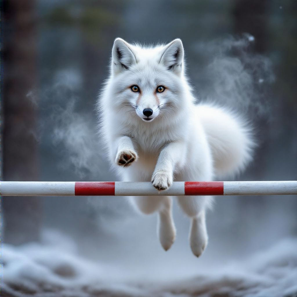 Arctic Fox is jumping high up to get over the high-jump-bar