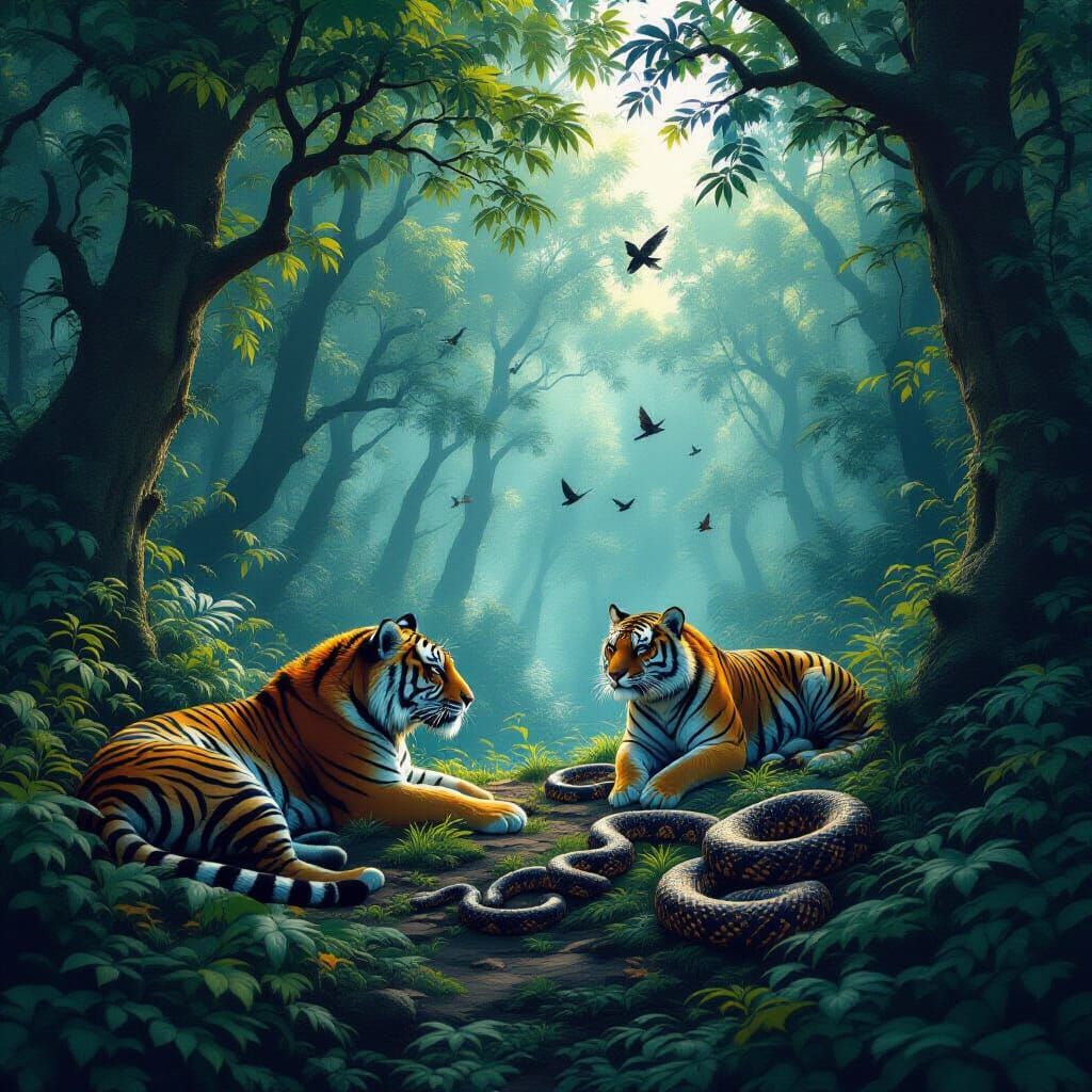 Mystical Forest with Tigers and Snakes, Hyperrealistic Style