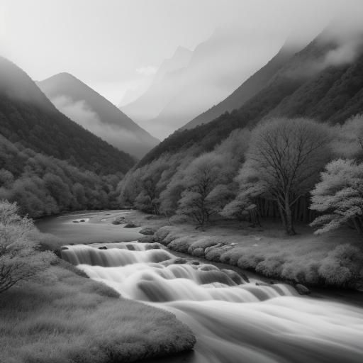 Serene Mountain River Landscape with Korean Calligraphy