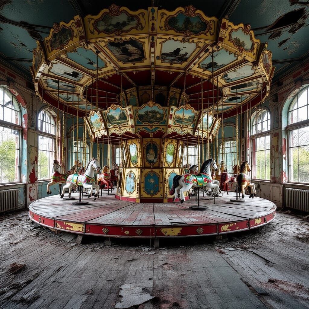 An abandoned broken carousel, paint peeling, wooden floor cracked 3DEXCITE the atmosphere is both desolate ...  by @Oma
