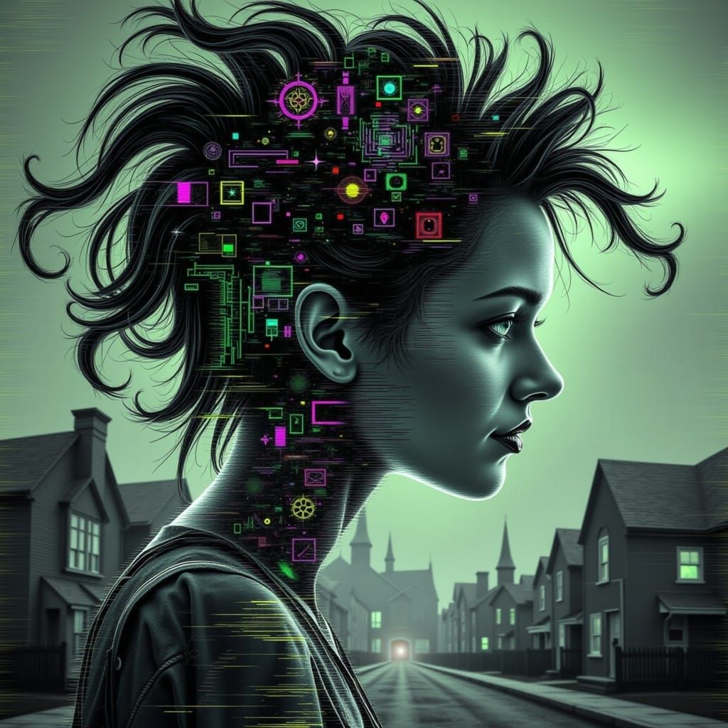 phantasmagorical, uncouth side profile portrait of an anthropomorphic <lora:KookyGlitchError:1.0> pixiepunk singer model with a haunting smi...