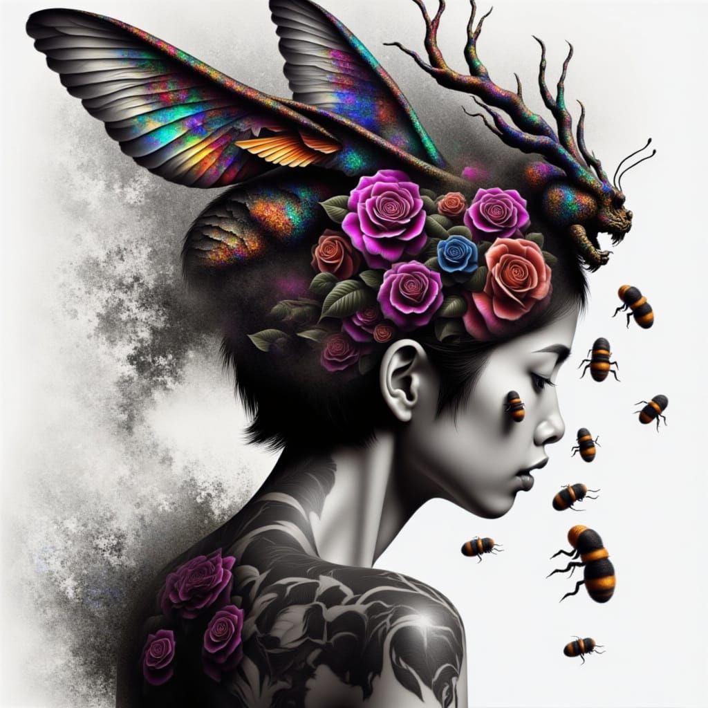 burning fire butterflies!!! Double exposure side profile of woman!!! splash drip!!!, insanely detailed negative Black and white mixed-media ...