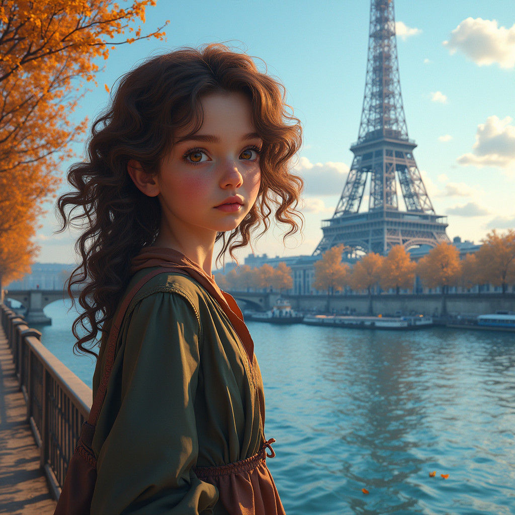 Girl in Paris with Eiffel Tower, Detailed Matte Painting