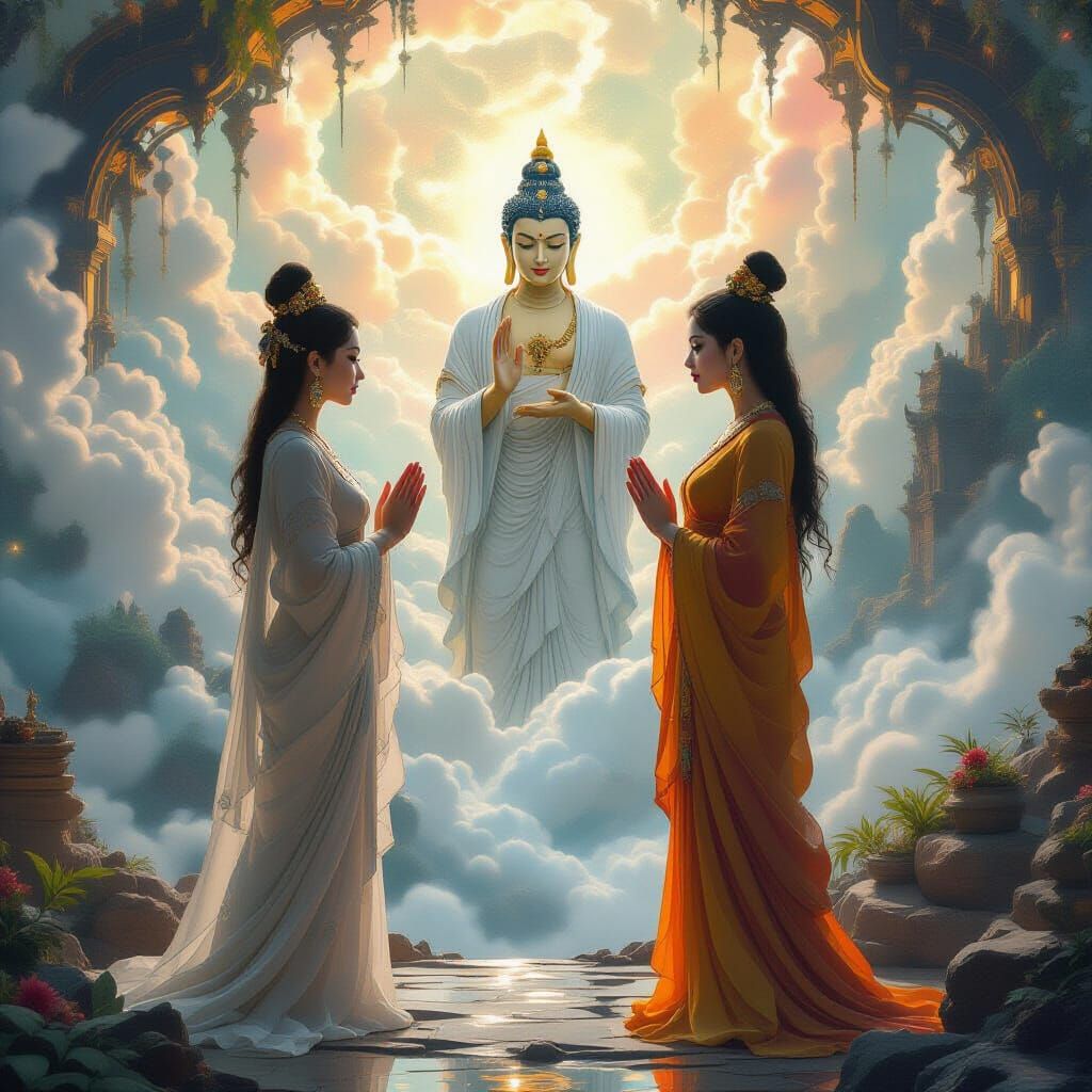 Maya and Ksitigarbha in Ethereal Fantasy Realm
