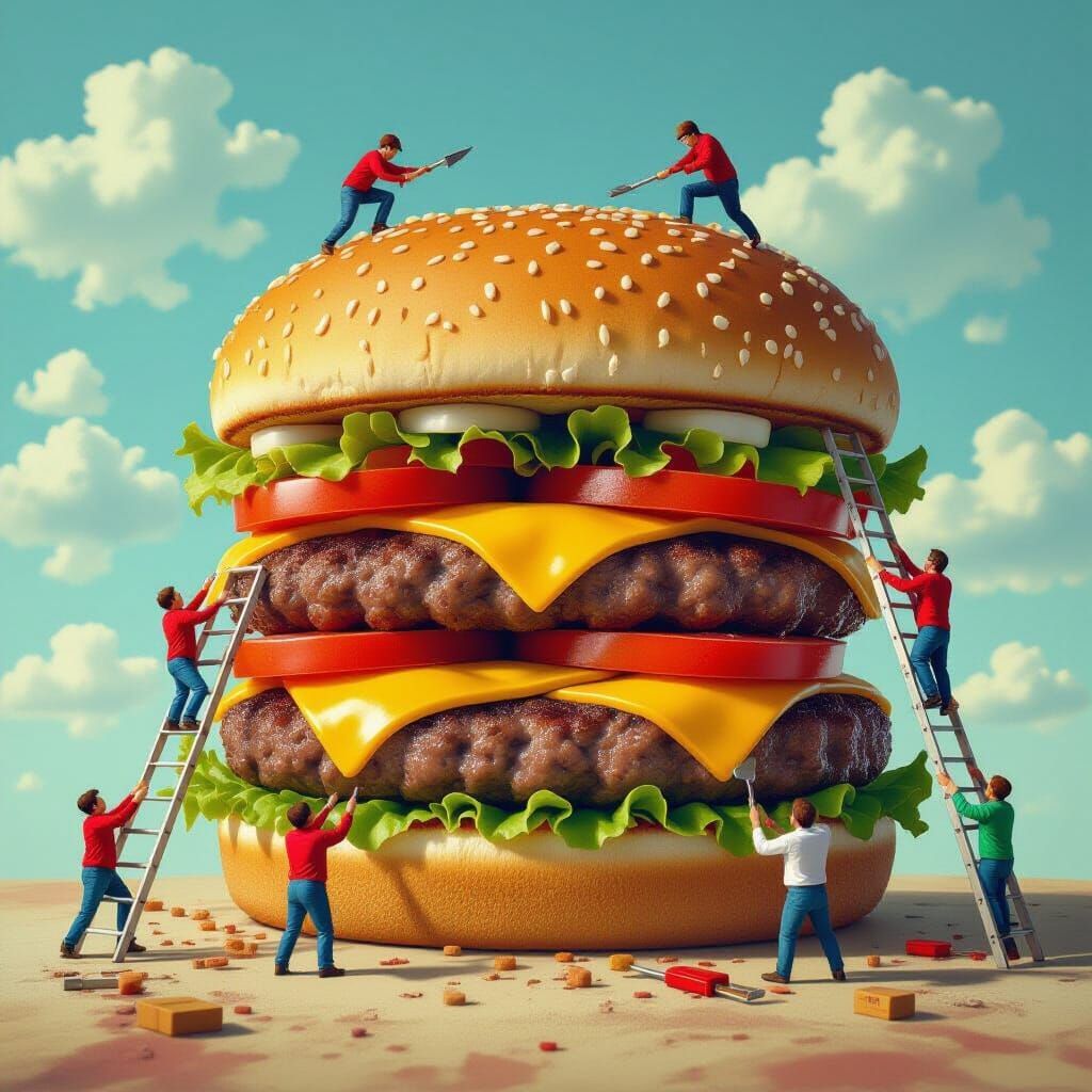 Tiny People Repair Giant Hamburger in Surreal Digital Art