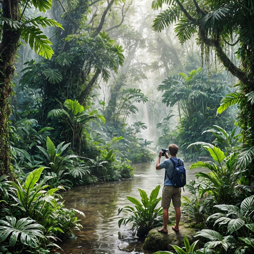 Amazon Tourist in Magical Watercolor Rainforest