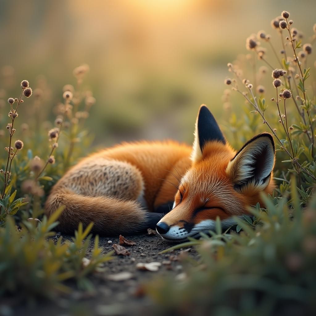 A small fox sleeping between small bushes, in the morning dew