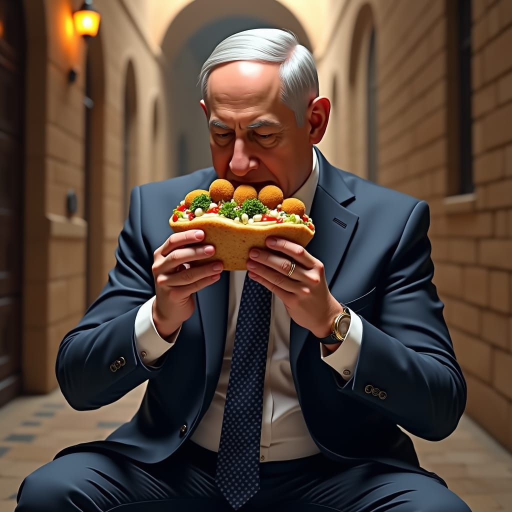 Netanyahu Savoring Falafel in Jerusalem, Digital Art
